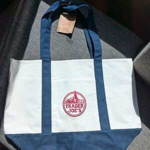 NEW Trader Joe's Large Canvas Tote Bag In Blue and White